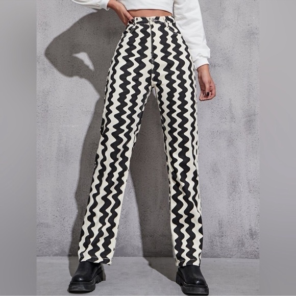 Cider Denim - Cider Wavy Retro Straight Leg Jean Trousers Size XS Black Ivory High Rise